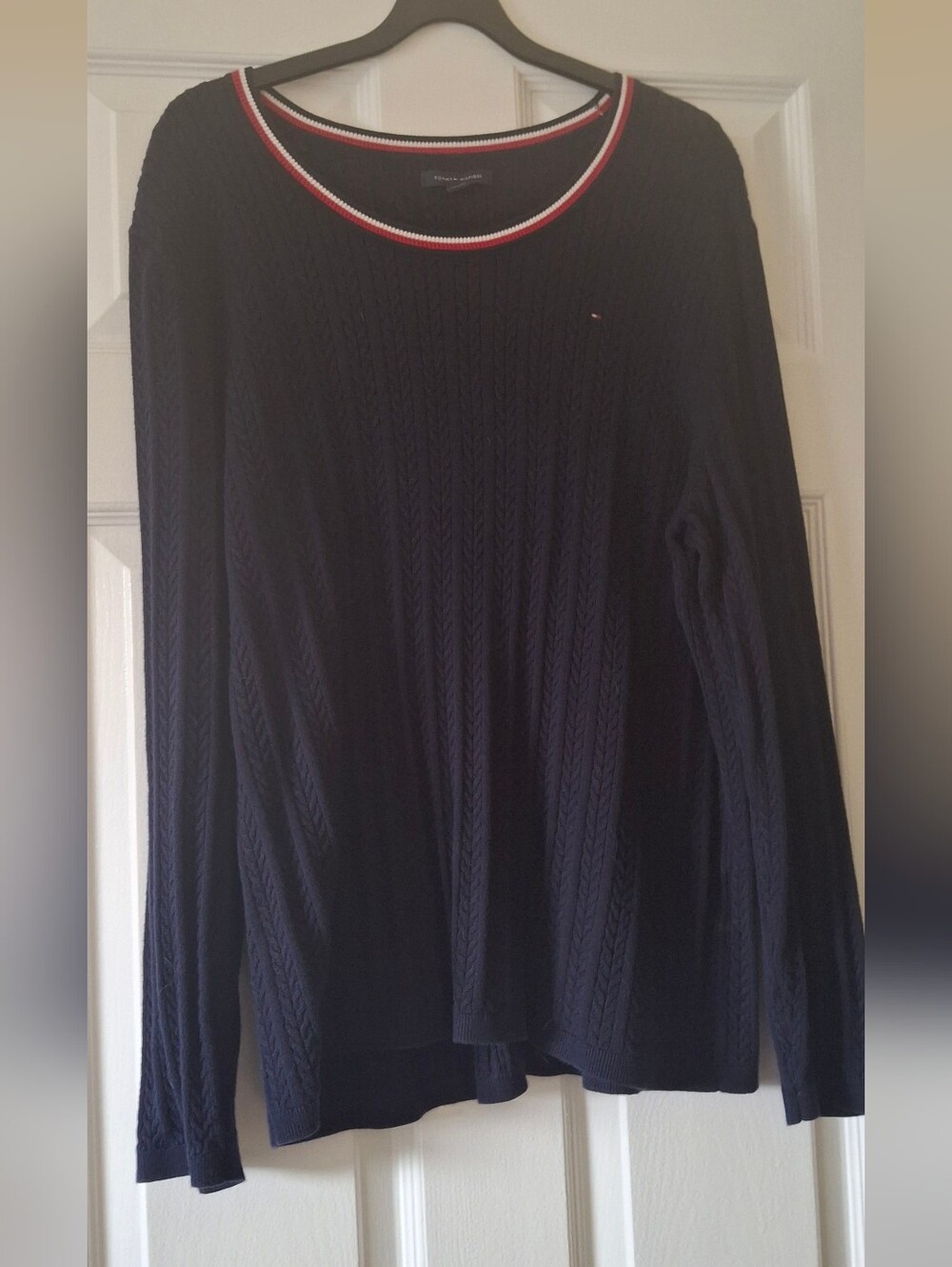 Tommy Hilfiger Navy Blue Cable Knit Sweater with Red & White Trim